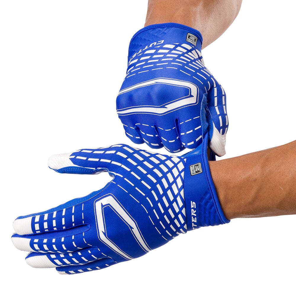 Cutters Sports Rev 5.0 Receiver Gloves - Royal Blue - Football Player Sliding on Gloves