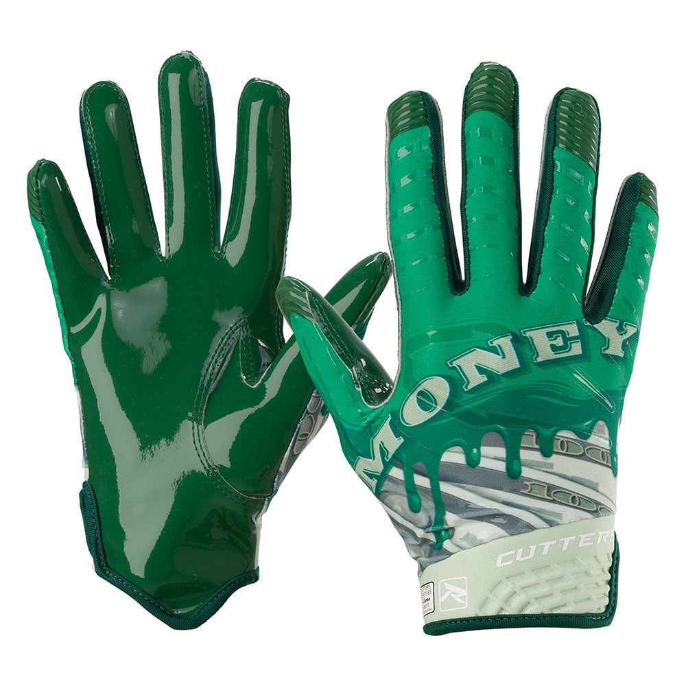 Cutters Sports Money Maker Rev 5.0 Limited-Edition Youth Football Receiver Gloves - Green - Front & Back of Hand