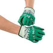 Cutters Sports Money Maker Rev 5.0 Limited-Edition Youth Football Receiver Gloves - Green - Football Player Pulling Glove Over Wrist for Better Fit