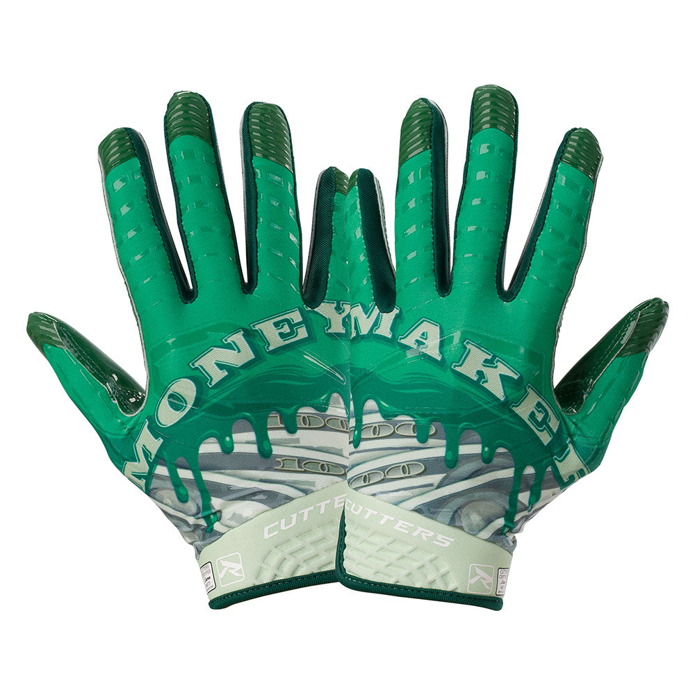 Cutters Sports Money Maker Rev 5.0 Limited-Edition Youth Receiver Gloves - Green - Back of Hand