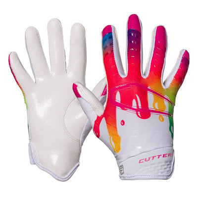 Cutters Rev 5.0 Limited Edition Receiver Gloves - White/Multi Drip Design - Front and Back of Glove