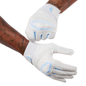 Cutters Rev X Elite Receiver Gloves - White/Columbia Blue - Football Player Pulling Glove Over Wrist for Better Fit