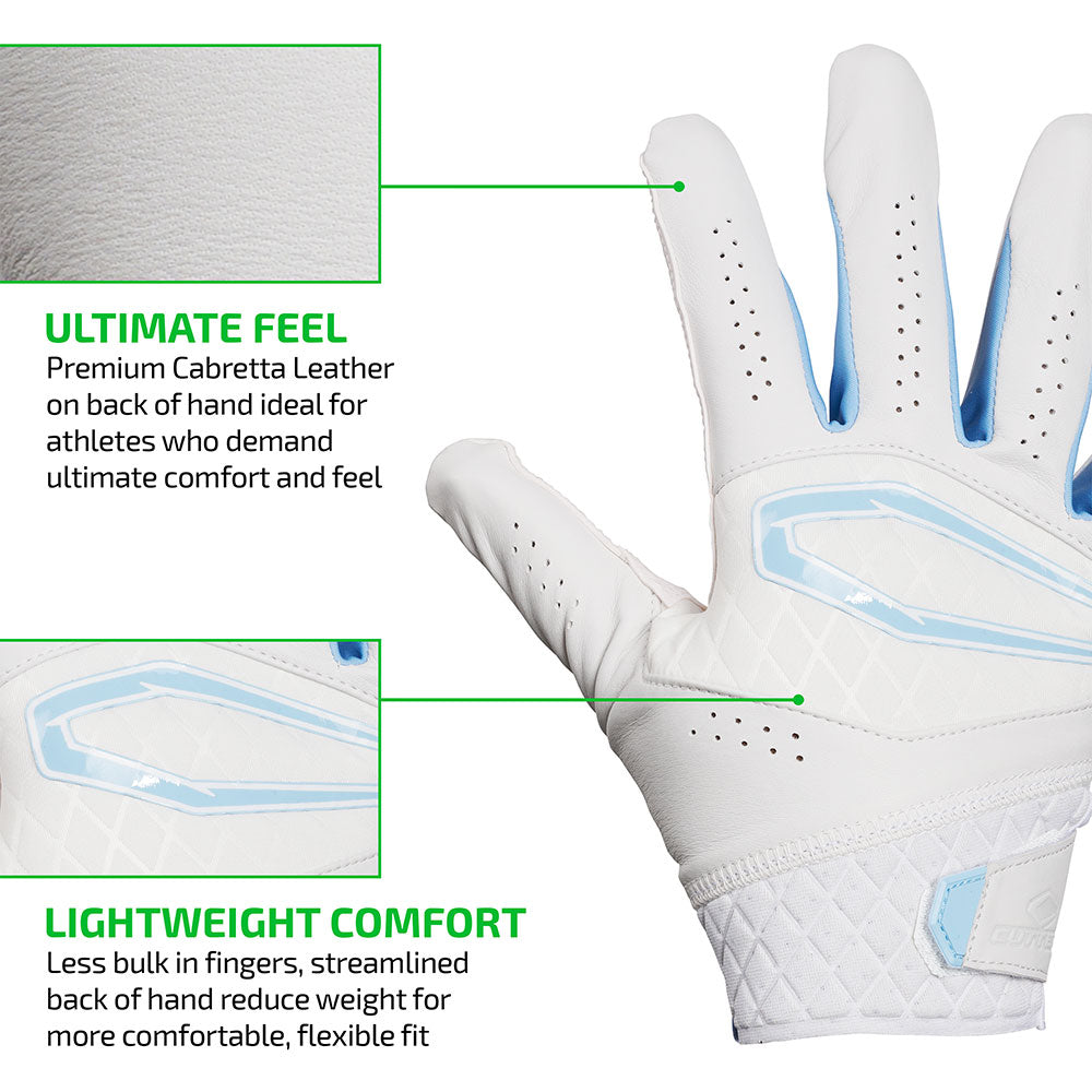 ULTIMATE FEEL - Premium Cabretta Leather on back of hand ideal for athletes who demand ultimate comfort and feel;

LIGHTWEIGHT COMFORT - Less bulk in fingers, streamlined back of hand reduce weight for more comfortable, flexible fit