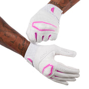Cutters Rev X Elite Receiver Gloves - White/Pink - Football Player Pulling Glove Over Wrist for Better Fit