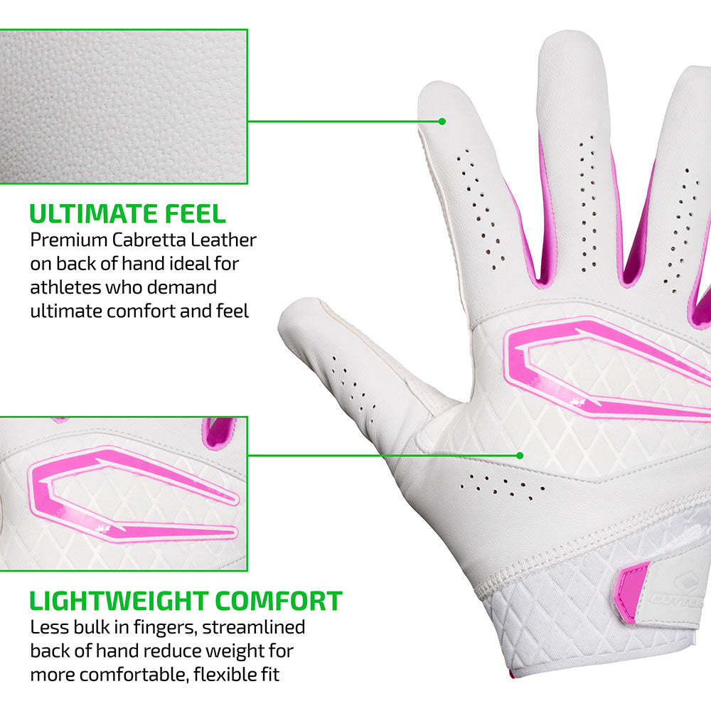 ULTIMATE FEEL - Premium Cabretta Leather on back of hand ideal for athletes who demand ultimate comfort and feel;

LIGHTWEIGHT COMFORT - Less bulk in fingers, streamlined back of hand reduce weight for more comfortable, flexible fit
