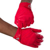 Cutters Sports Rev Pro 6.0 Solid Receiver Football Gloves - Red - Football Player Pulling Glove Over Wrist for Better Fit