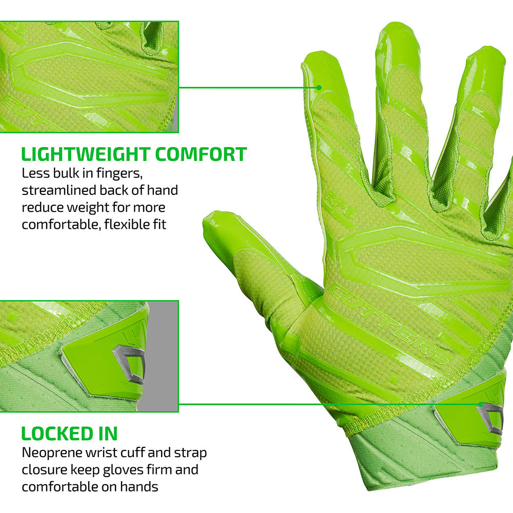 Rev Pro 6.0 (Shock Green) Tech Features 1) LIGHTWEIGHT COMFORT: Less bulk in fingers, streamlined back of hand reduce weight for more comfortable, flexible fit. 2) LOCKED IN: Neoprene wrist cuff and strap closure keep gloves firm and comfortable on hands.