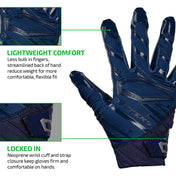 Rev Pro 6.0 (Navy Blue) Tech Features 1) LIGHTWEIGHT COMFORT: Less bulk in fingers, streamlined back of hand reduce weight for more comfortable, flexible fit. 2) LOCKED IN: Neoprene wrist cuff and strap closure keep gloves firm and comfortable on hands.
