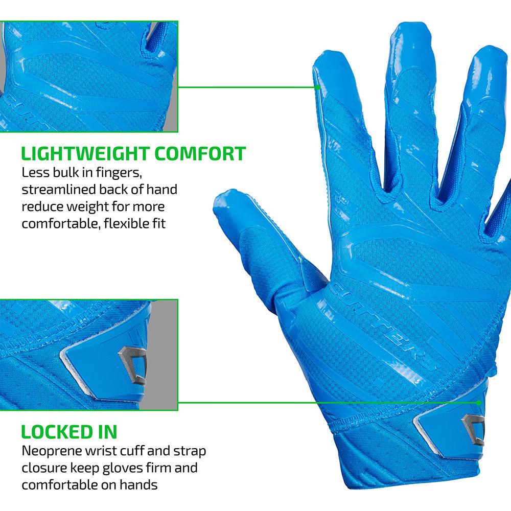 Rev Pro 6.0 (Columbia Blue) Tech Features 1) LIGHTWEIGHT COMFORT: Less bulk in fingers, streamlined back of hand reduce weight for more comfortable, flexible fit. 2) LOCKED IN: Neoprene wrist cuff and strap closure keep gloves firm and comfortable on hands.