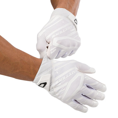 Cutters Sports Rev Pro 6.0 Solid Receiver Football Gloves - White - Football Player Pulling Glove Over Wrist for Better Fit
