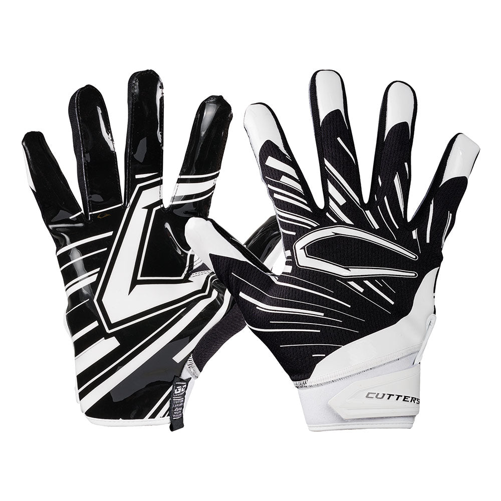 Cutters Sports Game Day Pro Black Receiver Football Gloves - Ideal For 7v7, Youth, High School, and Collegiate Play - Front and Back of Glove