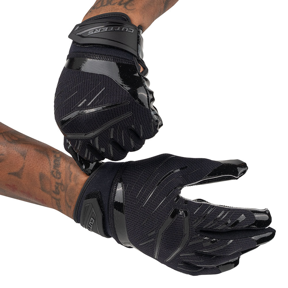 Cutters Sports Game Day Pro Solid Black Receiver Football Gloves - Football Player Tightening Straps for Better Fit