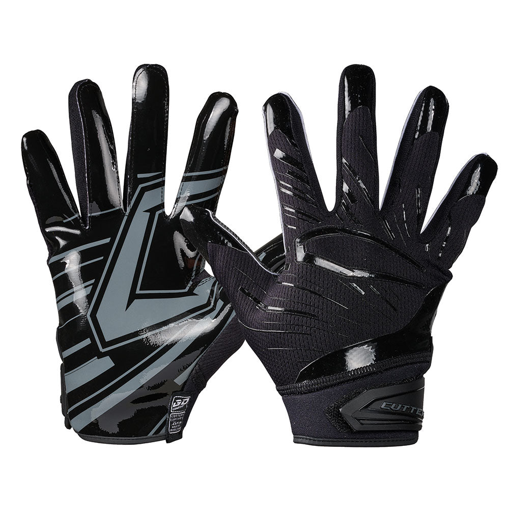 Cutters Sports Game Day Pro Solid Black Receiver Football Gloves - Ideal For 7v7, Youth, High School, and Collegiate Play - Front and Back of Glove