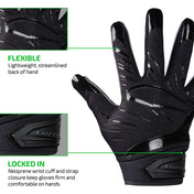 FLEXIBLE - Lightweight, streamlined back of hand;

LOCKED IN - Neoprene wrist cuff and strap closure keep gloves firm and comfortable on hands