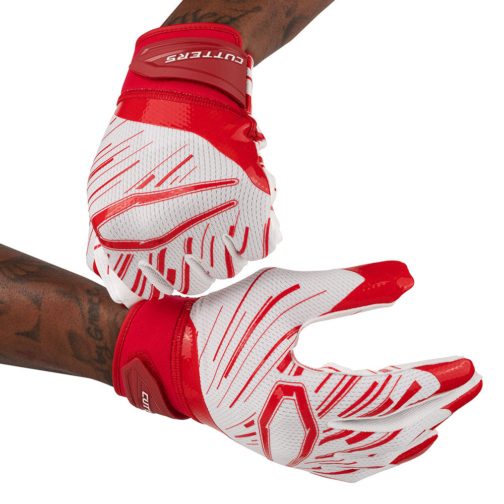 Cutters Sports Game Day Pro White/Red Receiver Football Gloves - Football Player Tightening Straps for Better Fit