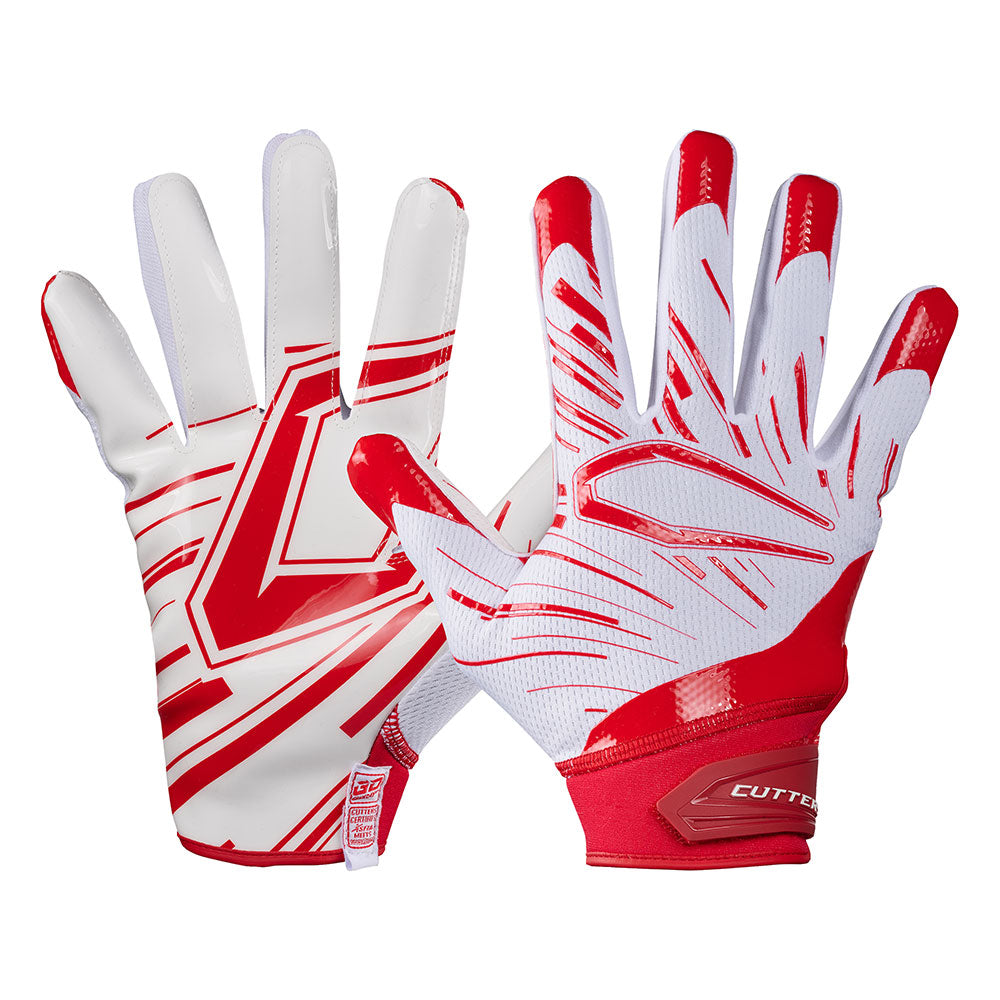Cutters Sports Game Day Pro White/Red Receiver Football Gloves - Ideal For 7v7, Youth, High School, and Collegiate Play - Front and Back of Glove