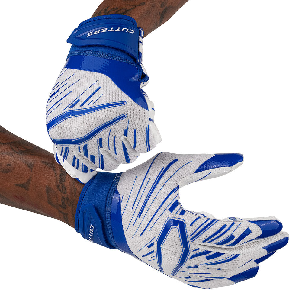 Cutters Sports Game Day Pro White/Royal Receiver Football Gloves - Football Player Tightening Straps for Better Fit