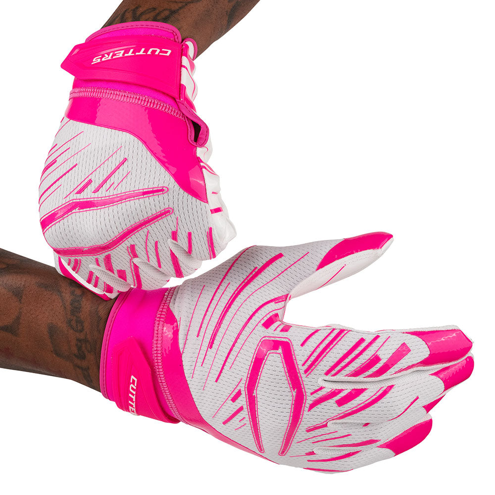Cutters Sports Game Day Pro White/Pink Receiver Football Gloves - Football Player Tightening Straps for Better Fit