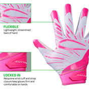 FLEXIBLE - Lightweight, streamlined back of hand;

LOCKED IN - Neoprene wrist cuff and strap closure keep gloves firm and comfortable on hands