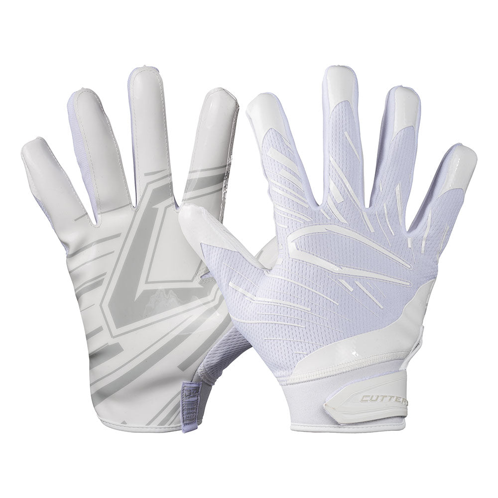 Cutters Sports Game Day Pro Solid White Receiver Football Gloves - Ideal For 7v7, Youth, High School, and Collegiate Play - Front and Back of Glove