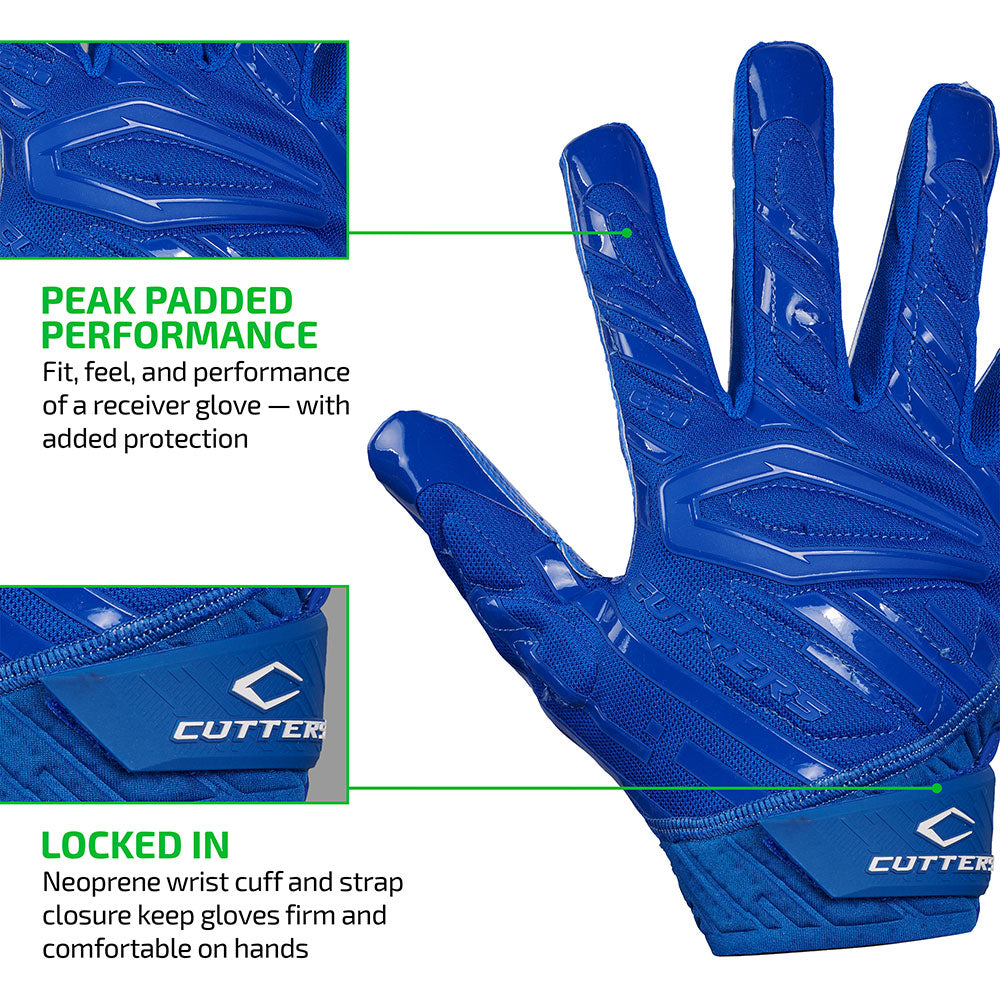 PEAK PADDED PERFORMANCE - Fit, feel, and performance of a receiver glove - with added protection;

LOCKED IN - Neoprene wrist cuff and strap closure keep gloves firm and comfortable on hands
