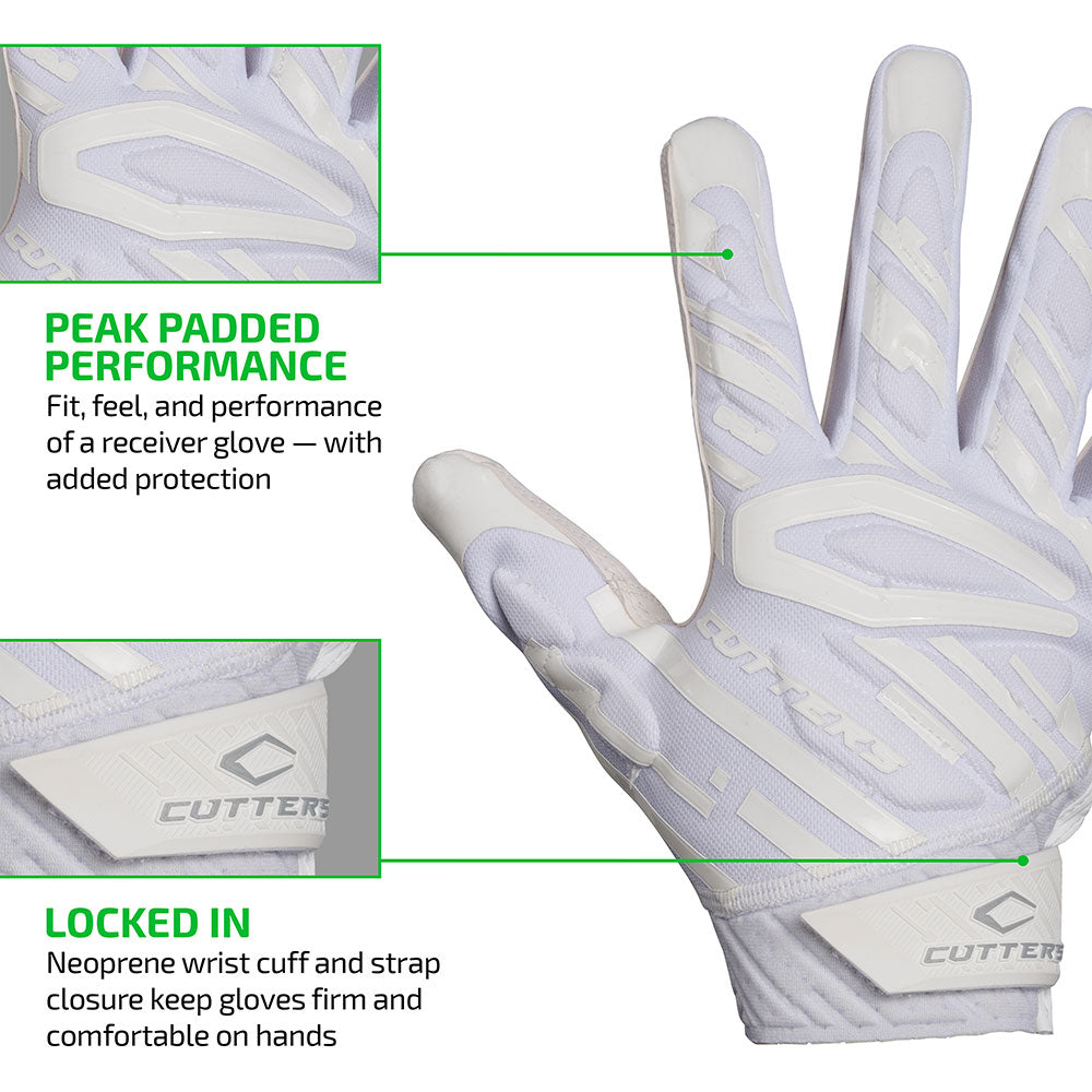 PEAK PADDED PERFORMANCE - Fit, feel, and performance of a receiver glove - with added protection;

LOCKED IN - Neoprene wrist cuff and strap closure keep gloves firm and comfortable on hands