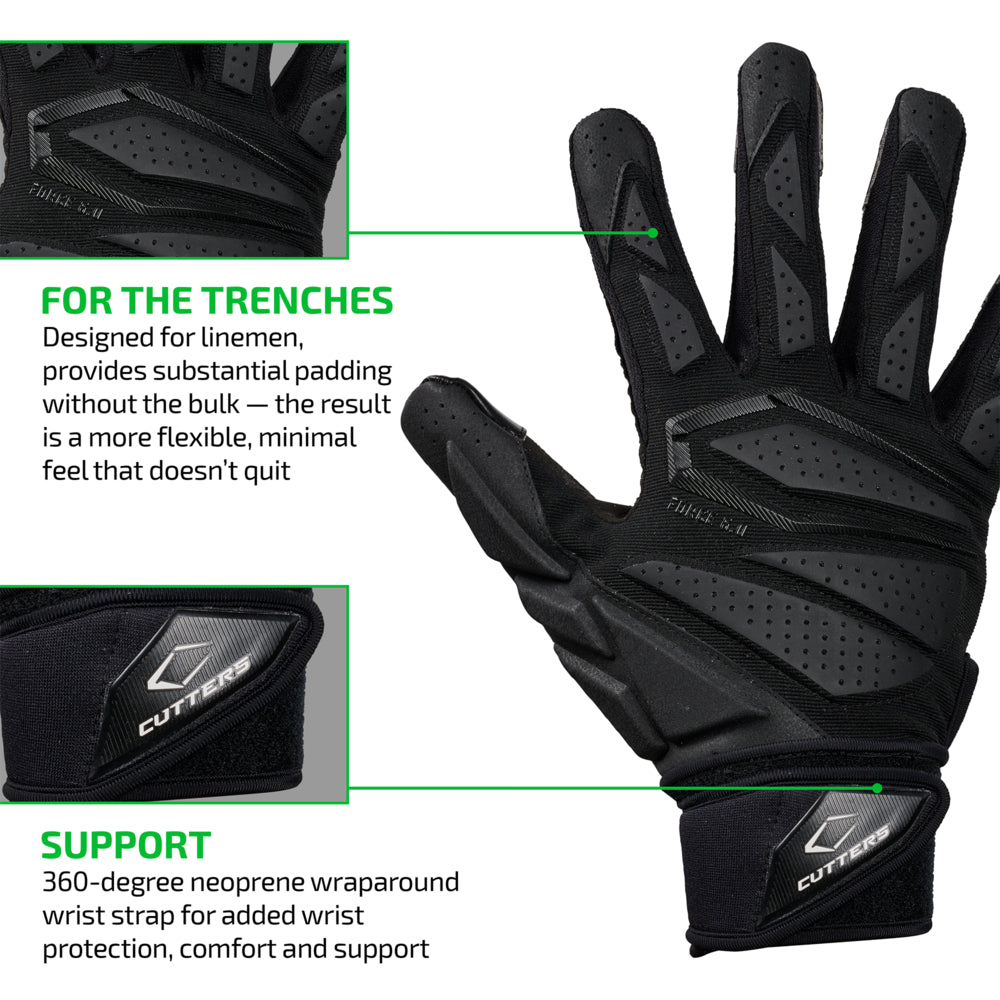 FOR THE TRENCHES - Designed for linemen, provides substantial padding without the bulk — the result is a more flexible, minimal feel that doesn't quit;

SUPPORT - 360-degree neoprene wraparound wrist strap for added wrist protection, comfort and support