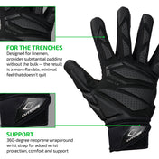 FOR THE TRENCHES - Designed for linemen, provides substantial padding without the bulk — the result is a more flexible, minimal feel that doesn't quit;

SUPPORT - 360-degree neoprene wraparound wrist strap for added wrist protection, comfort and support