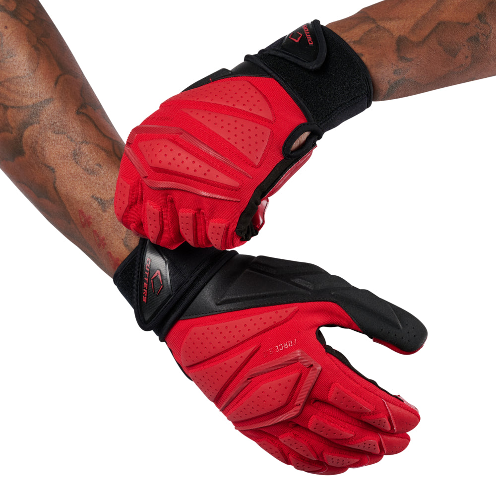 Cutters Sports Force 6.0 Red Lineman Football Gloves - Football Player Tightening Straps for Better Fit