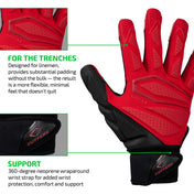 FOR THE TRENCHES - Designed for linemen, provides substantial padding without the bulk — the result is a more flexible, minimal feel that doesn't quit;

SUPPORT - 360-degree neoprene wraparound wrist strap for added wrist protection, comfort and support