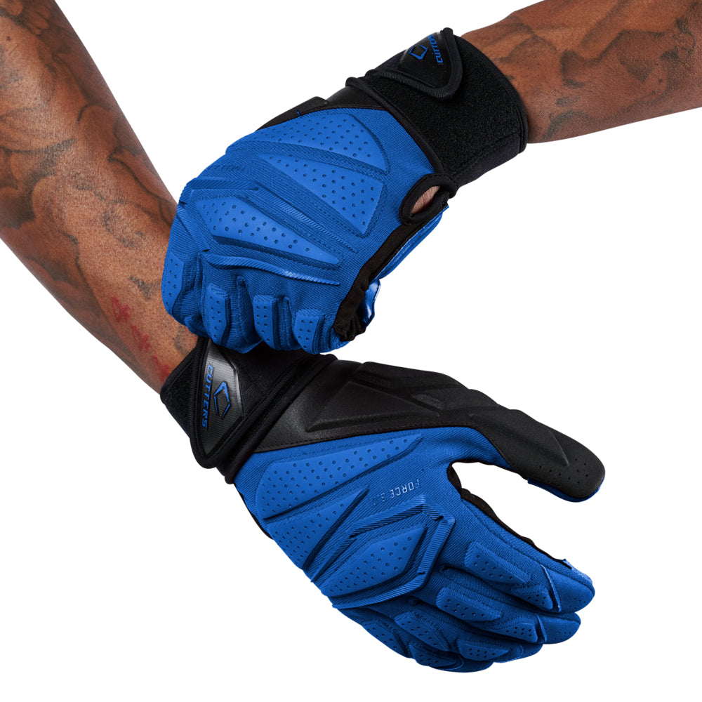 Cutters Sports Force 6.0 Royal Blue Lineman Football Gloves - Football Player Tightening Straps for Better Fit