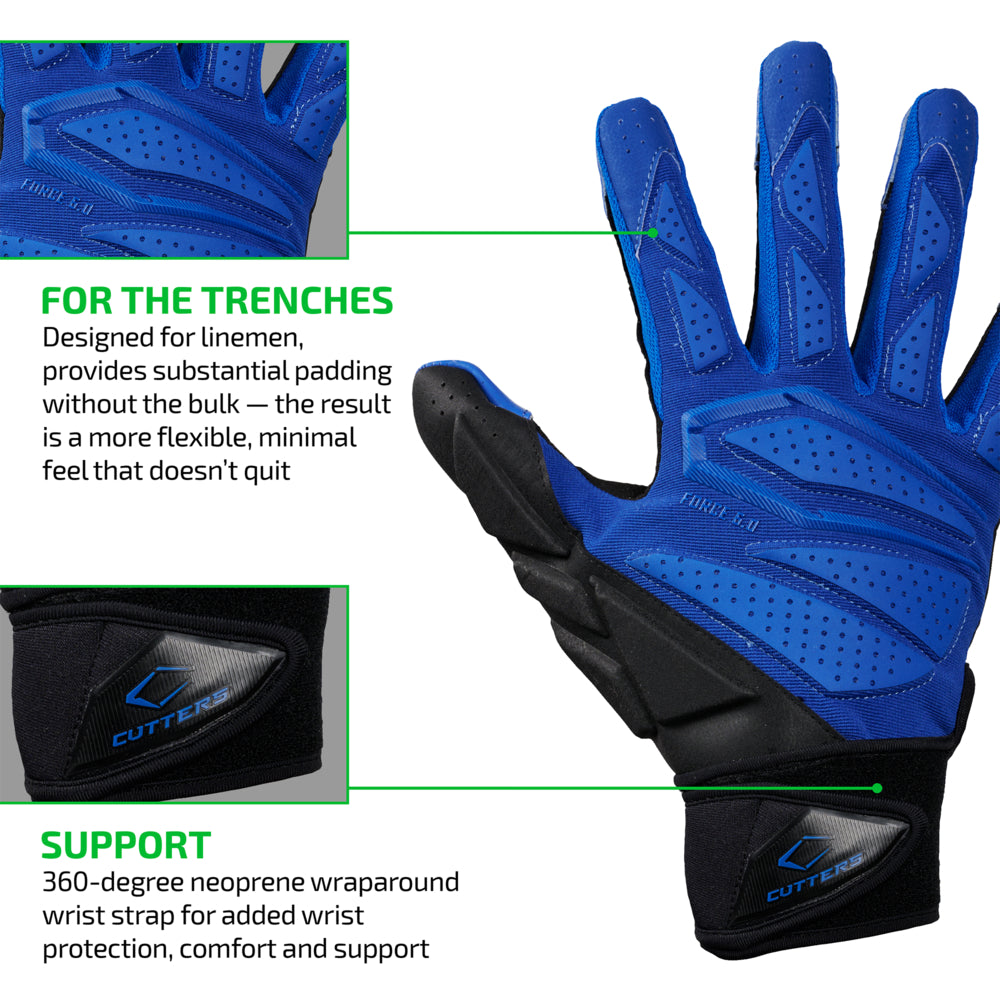 FOR THE TRENCHES - Designed for linemen, provides substantial padding without the bulk — the result is a more flexible, minimal feel that doesn't quit;

SUPPORT - 360-degree neoprene wraparound wrist strap for added wrist protection, comfort and support