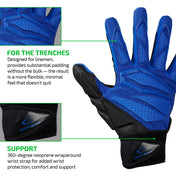 FOR THE TRENCHES - Designed for linemen, provides substantial padding without the bulk — the result is a more flexible, minimal feel that doesn't quit;

SUPPORT - 360-degree neoprene wraparound wrist strap for added wrist protection, comfort and support