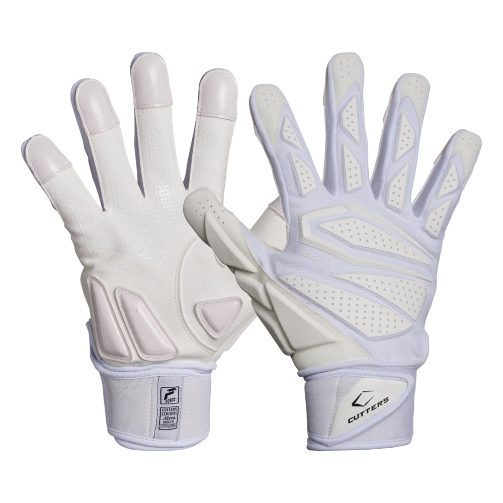 Cutters Sports Force 6.0 White Lineman Football Gloves - Ideal For 7v7, Youth, High School, and Collegiate Play