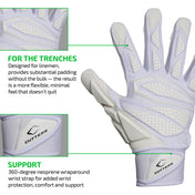 FOR THE TRENCHES - Designed for linemen, provides substantial padding without the bulk — the result is a more flexible, minimal feel that doesn't quit;

SUPPORT - 360-degree neoprene wraparound wrist strap for added wrist protection, comfort and support