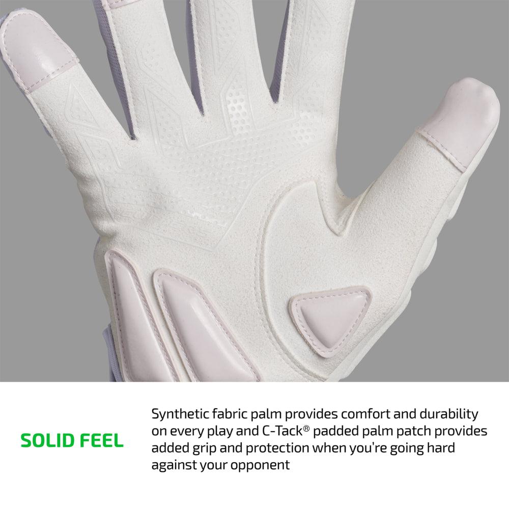 SOLID FEEL - Synthetic fabric palm provides comfort and durability on every play and C-Tack® padded palm patch provides added grip and protection when you're going hard against your opponent