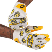 Cutters Sports Rev Pro 6.0 LE Receiver Football Gloves - Smile - Football Player Pulling Glove Over Wrist for Better Fit