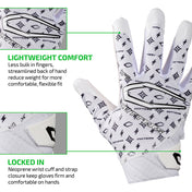 LIGHTWEIGHT COMFORT - Less bulk in fingers, streamlined back of hand reduce weight for more comfortable, flexible fit;

LOCKED IN - Neoprene wrist cuff and strap closure keep gloves firm and comfortable on hands