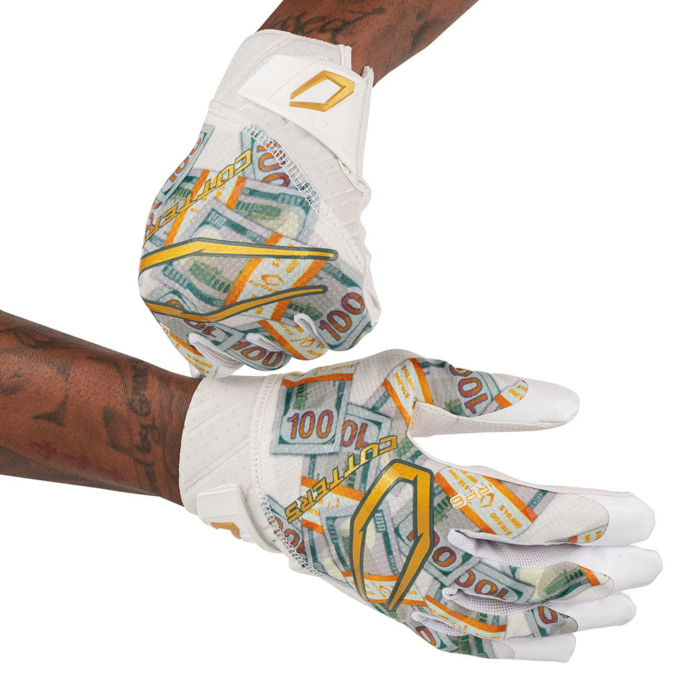Cutters Sports Rev Pro 6.0 LE Receiver Football Gloves - White Money Bands - Football Player Pulling Glove Over Wrist for Better Fit