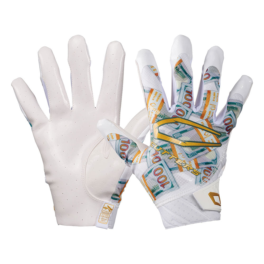 Cutters Sports Rev Pro 6.0 LE -  Receiver Football Gloves - White Money Bands - Front and Back of Glove
