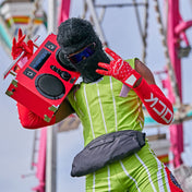 Youth 7v7 Football Player Wearing Red/White Lux Rev Pro 5.0 Limited-Edition Receiver Gloves