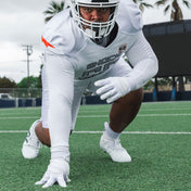 Football Athlete Wearing Cutters Force Lineman 6.0 Gloves in White