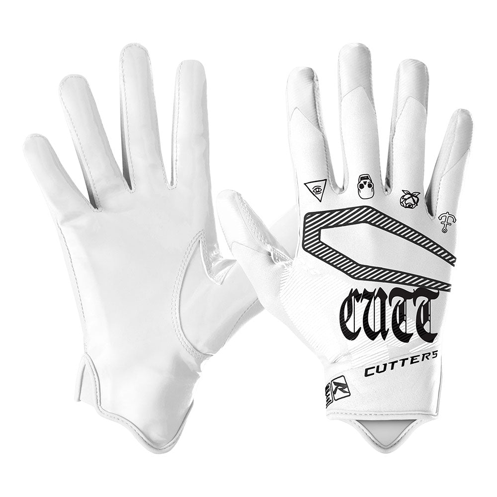 Cutters Sports White Tattoo Rev 4.0 Limited-Edition Youth Receiver Gloves - Front and Back View