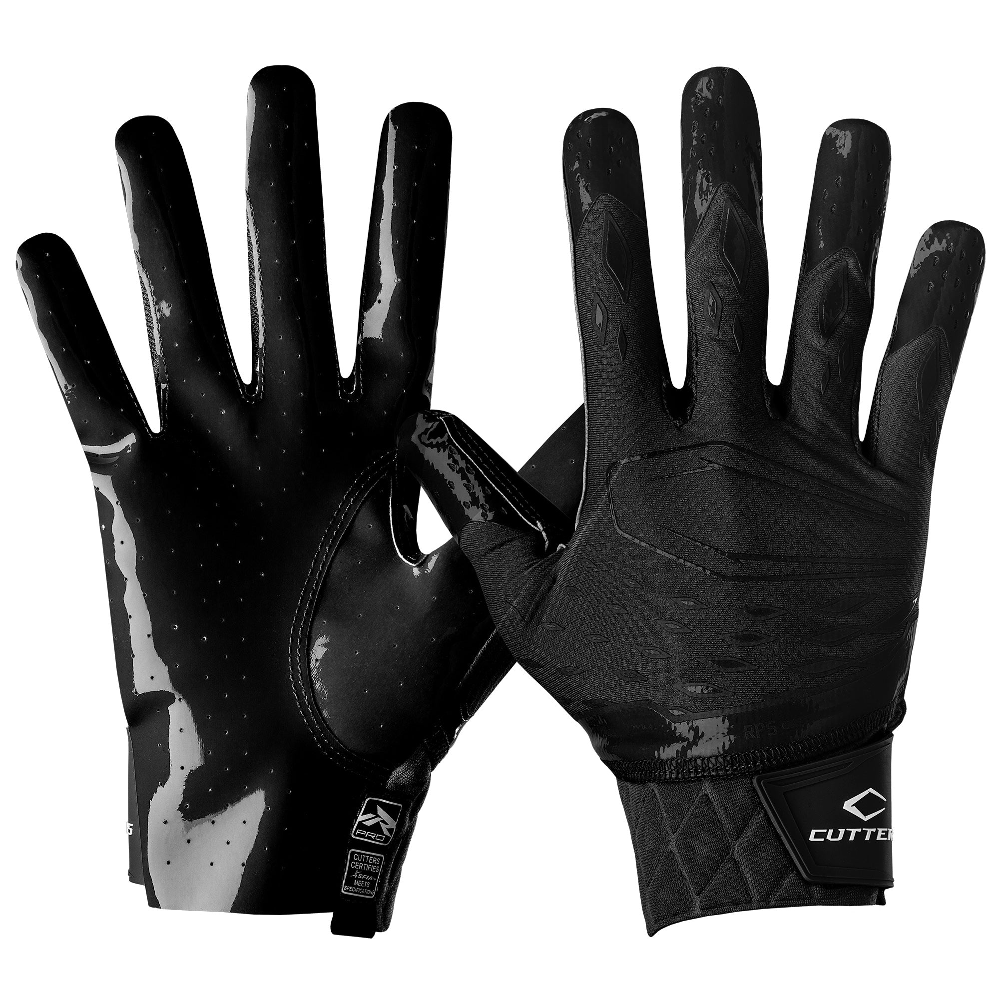 Cutters Sports Rev Pro 5.0 Solid Black Football Receiver Gloves - Front and Back of Glove
