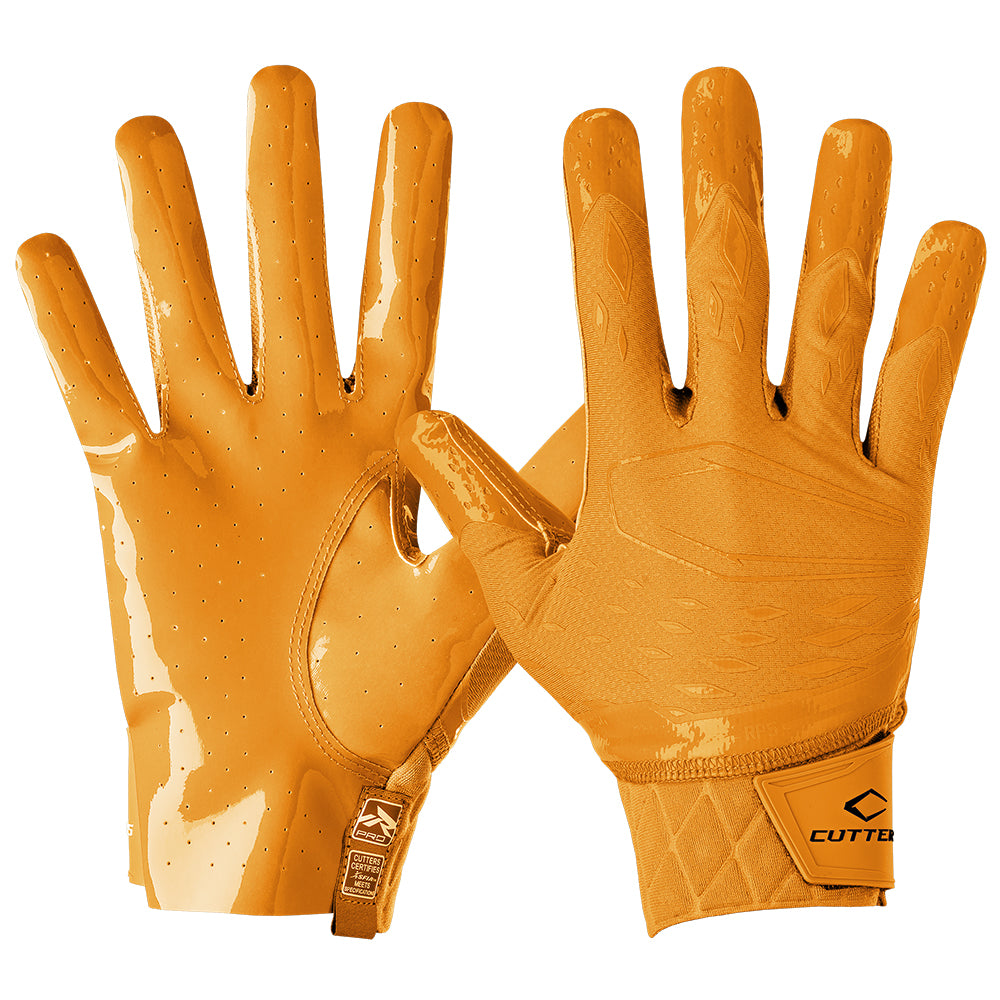 Cutters Sports Rev Pro 5.0 Solid Yellow Gold Football Receiver Gloves - Front and Back of Glove