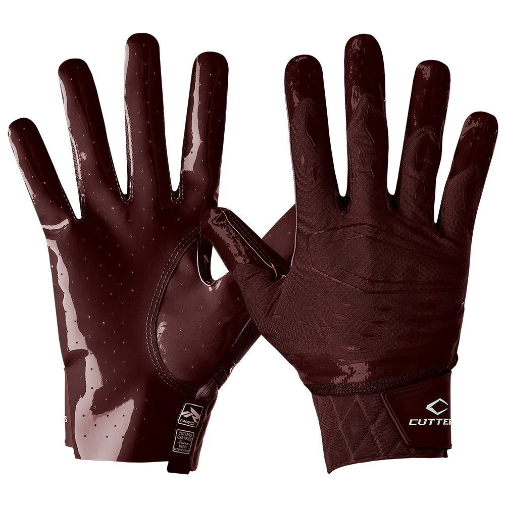 Cutters Sports Rev Pro 5.0 Solid Maroon Red Football Receiver Gloves - Front and Back of Glove
