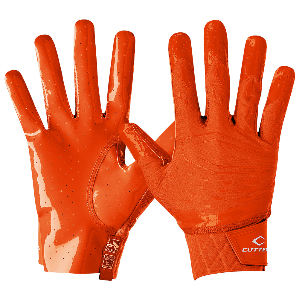 Cutters Sports Rev Pro 5.0 Solid Orange Football Receiver Gloves - Front and Back of Glove