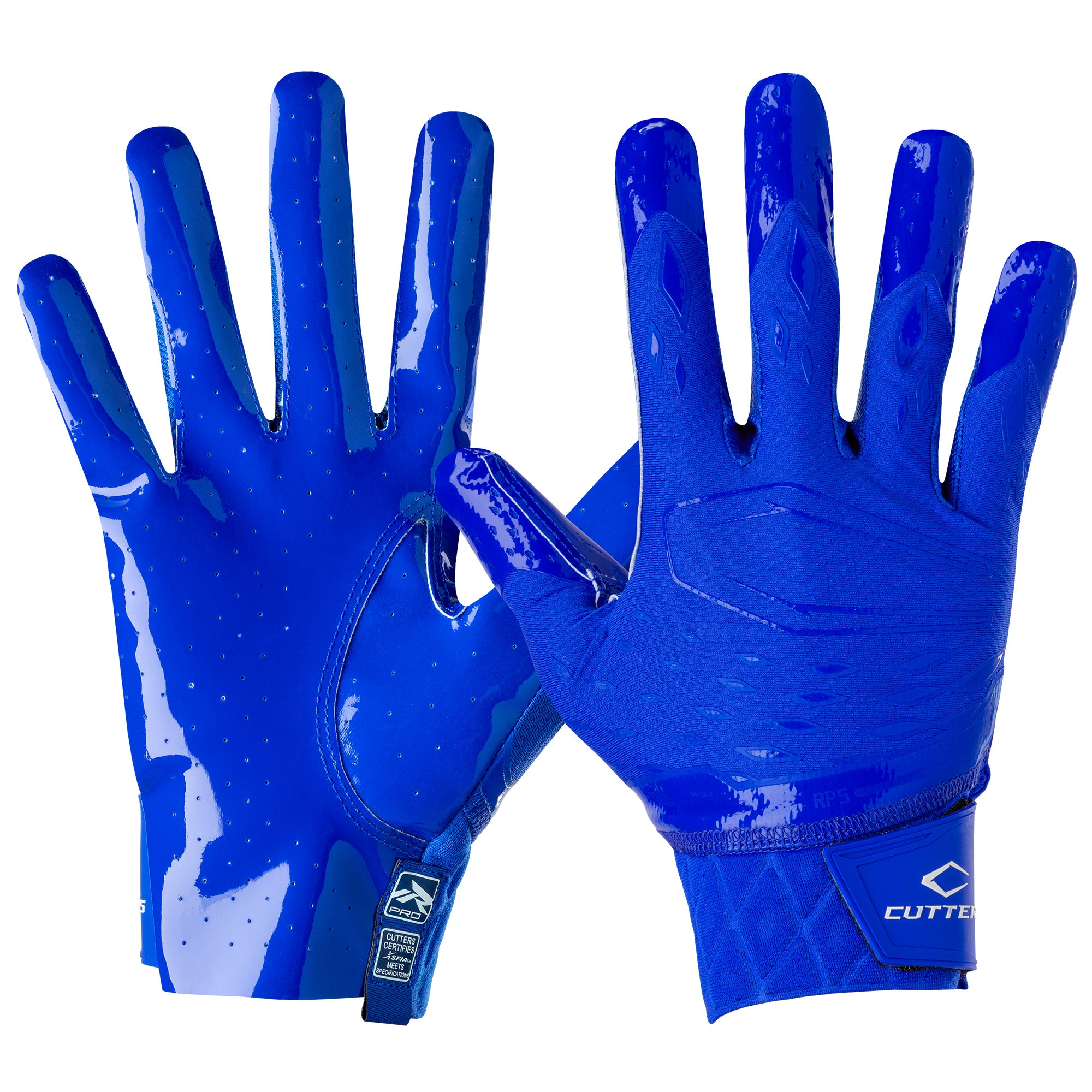 Cutters Sports Rev Pro 5.0 Solid Royal Blue Football Receiver Gloves - Front and Back of Glove