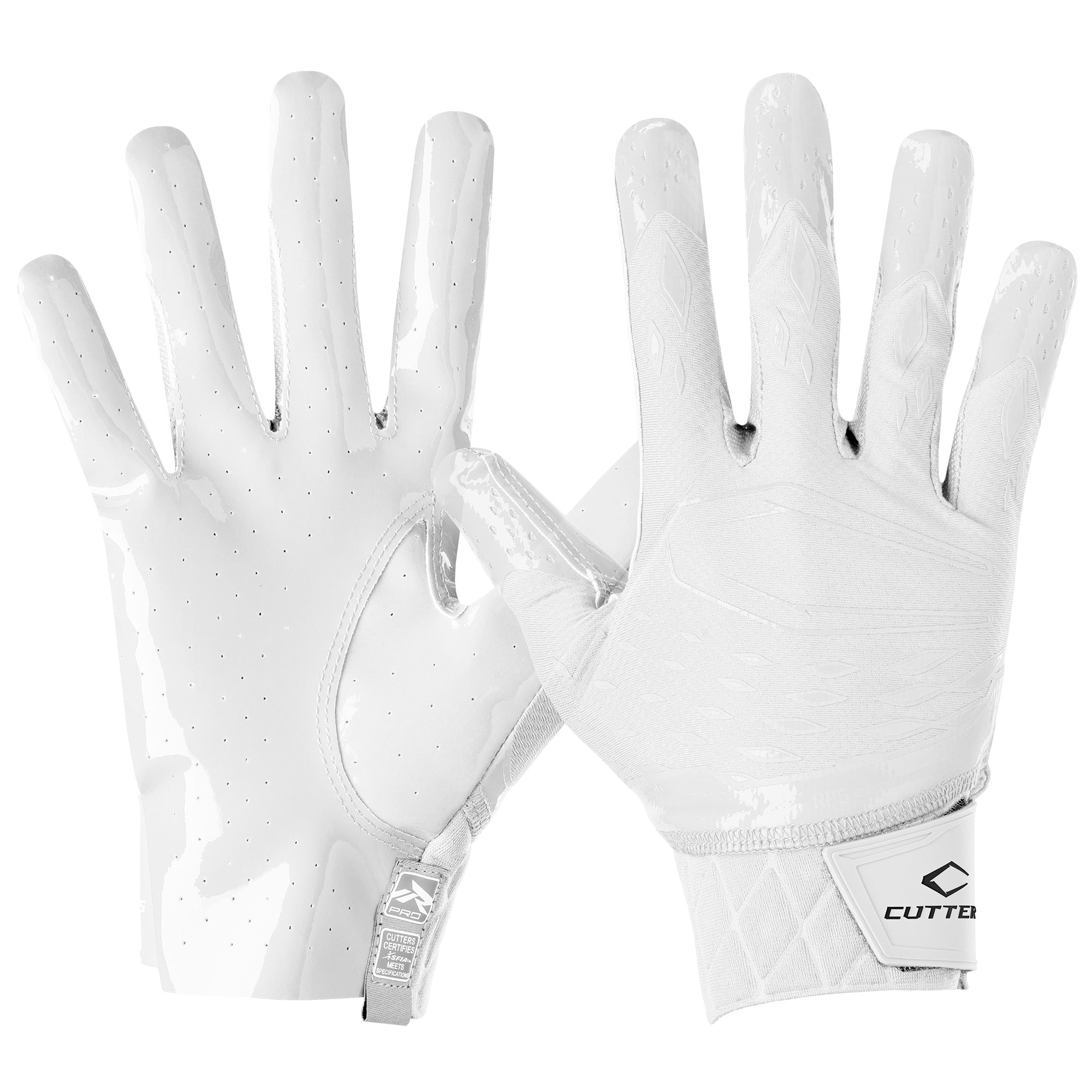 Cutters Sports Rev Pro 5.0 Solid White Football Receiver Gloves - Front and Back of Glove