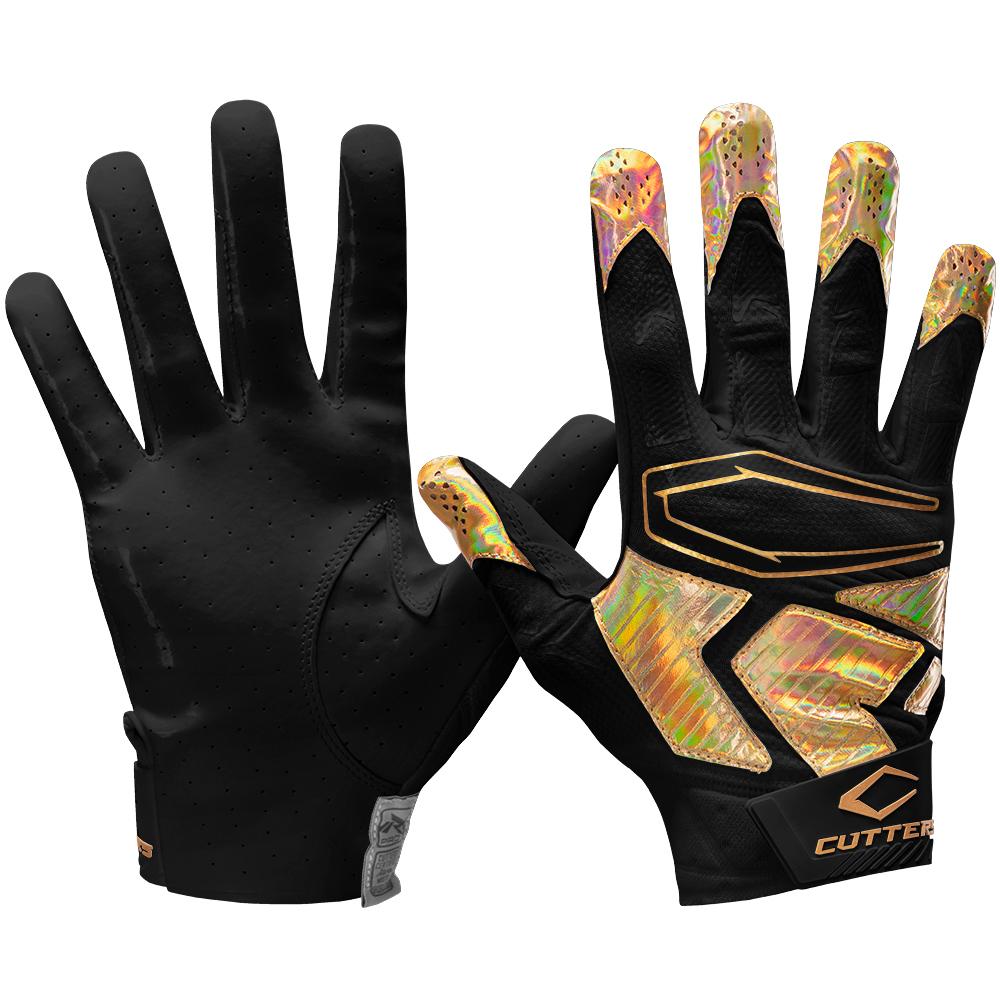 Cutters Sports Rev Pro 4.0 Iridescent Black/Gold Receiver Gloves - Front and Back View